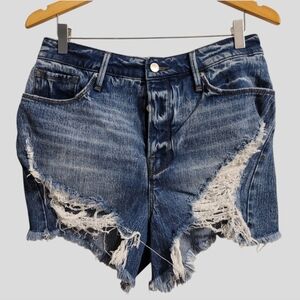 Good American Bombshell Shorts Women's 8 Blue High-Rise Button-Fly Distressed